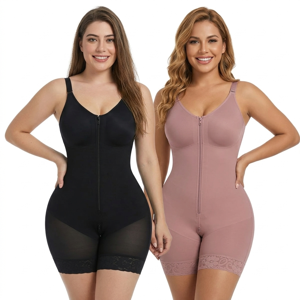 Seamless Full Body Shapewear Zipper Jumpsuit, Women Tummy Control Butt Lifter Slimming 5 Points Shorts Bodysuit
